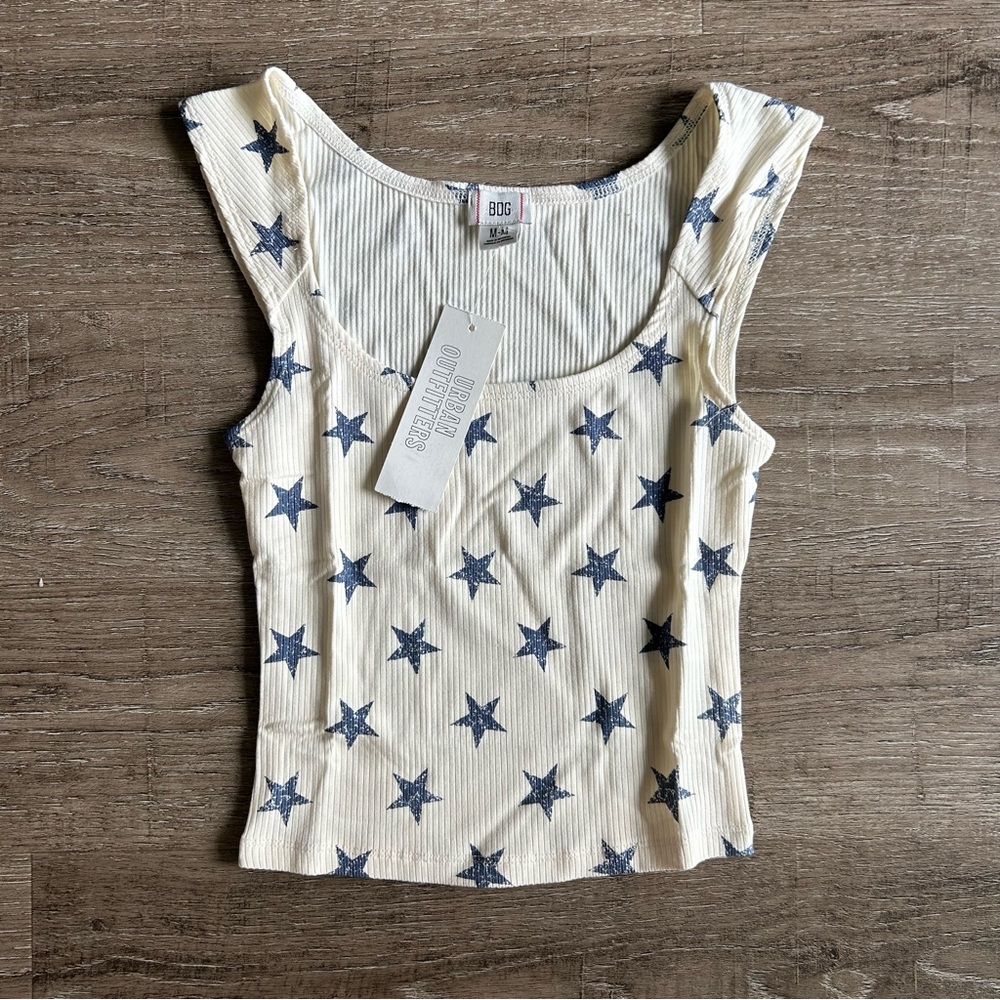 BDG Ribbed Square Neck Tank Top Distressed Stars white tank with navy blue stars